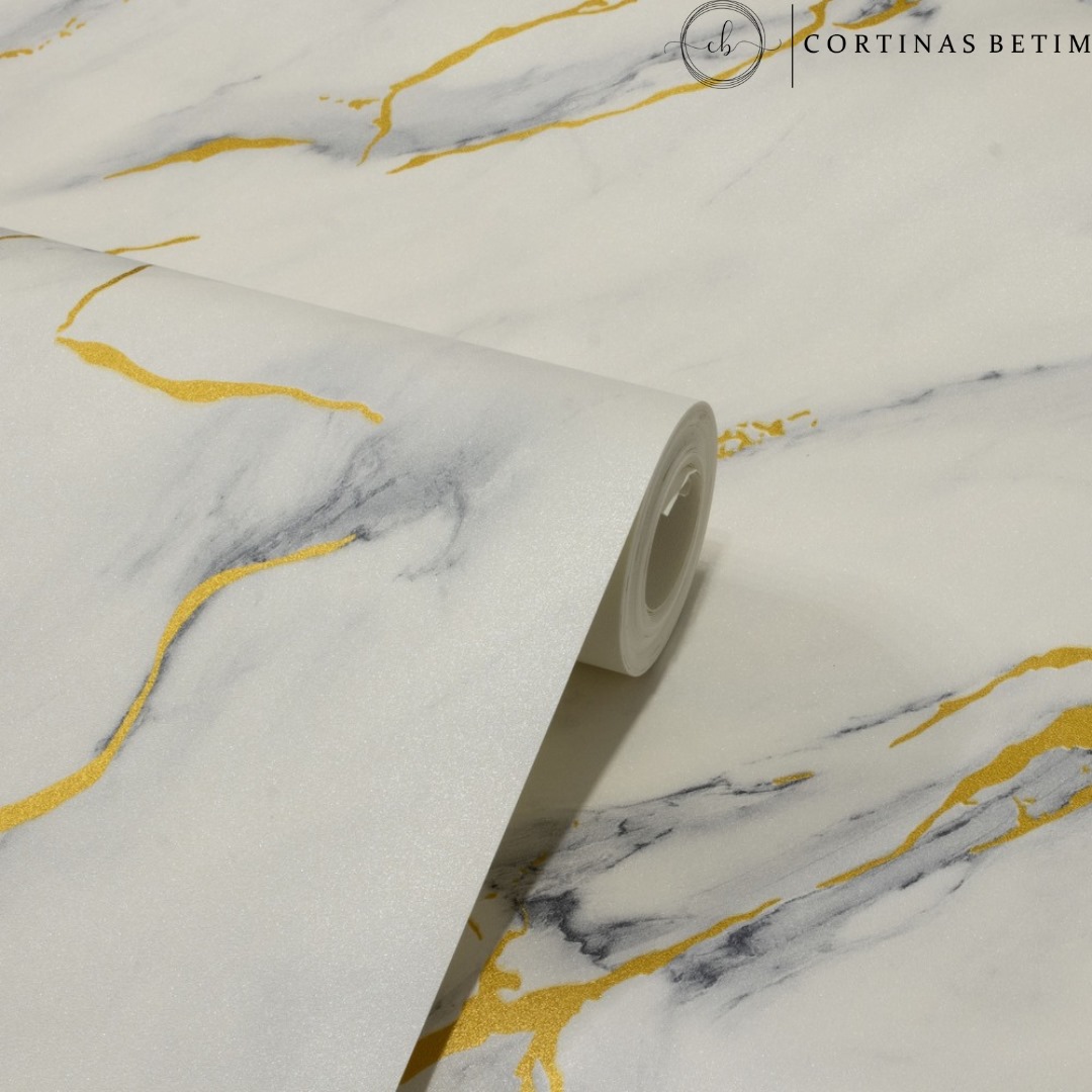 PAPEL DE PAREDE VINILICO MÁRMORE CARRARA CINZA C/ DOURADO PDL1501