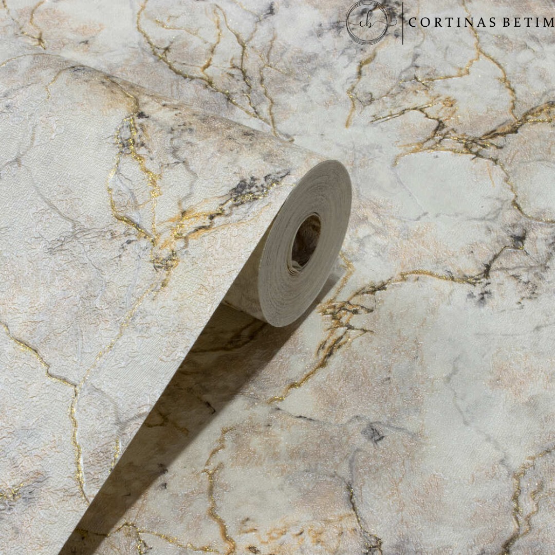 PAPEL DE PAREDE VINILICO MÁRMORE OFF WHITE, CINZA E DOURADO PDL4662